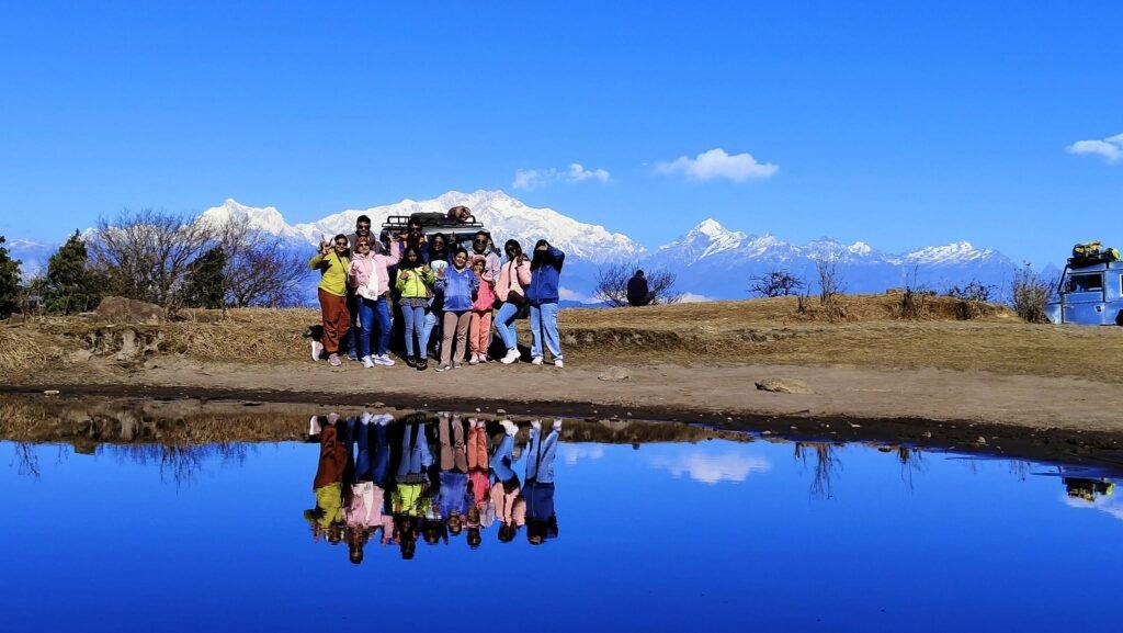 Trekkers beside a mountain lake